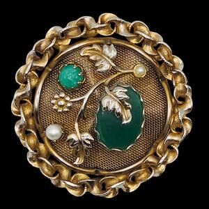 Vintage Green Stones Possible Jade With Pearl And Mesh Background Gold Tone